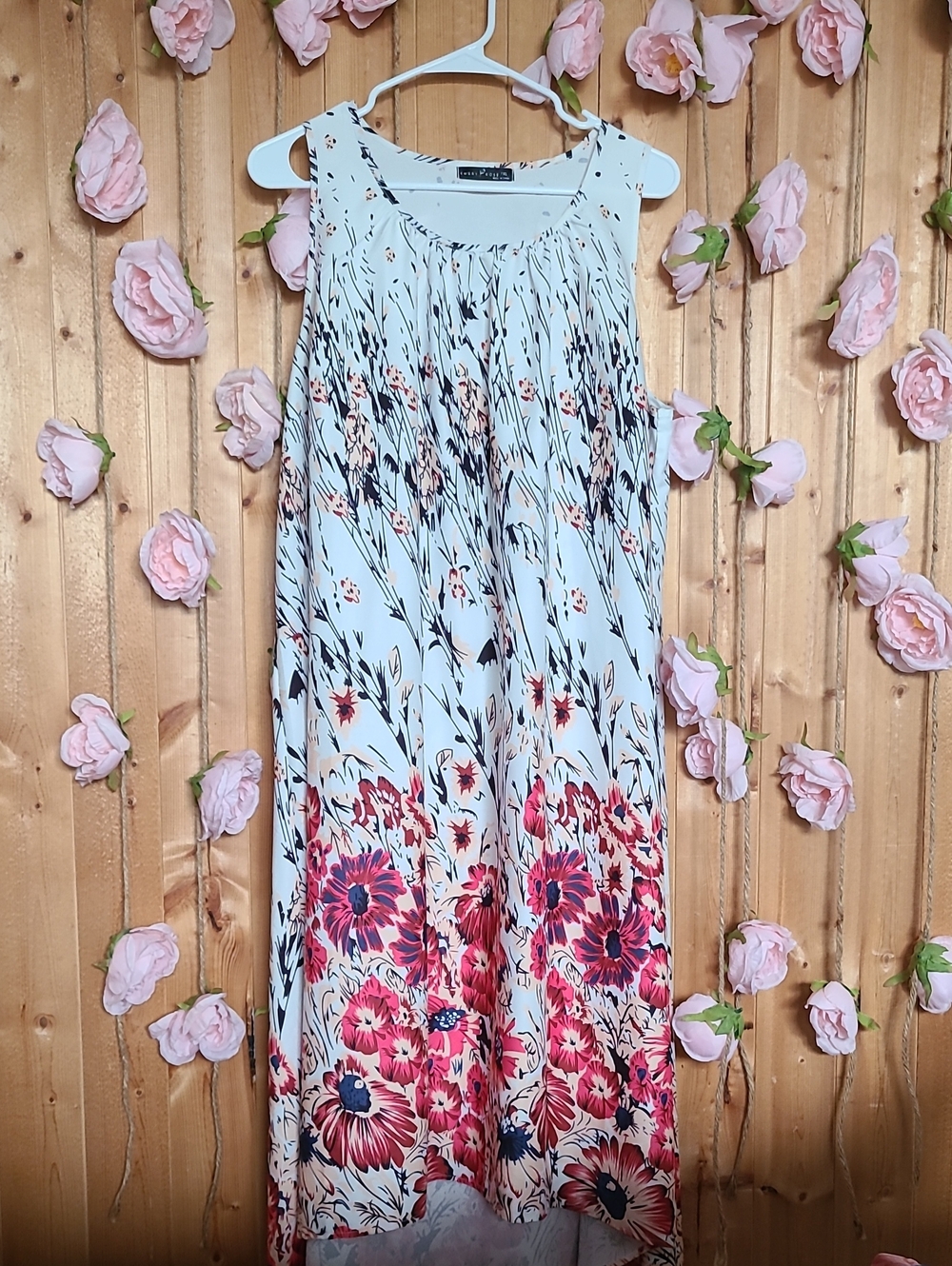 White Floral Print Dress with Pink, Cream, Red & Black Accents